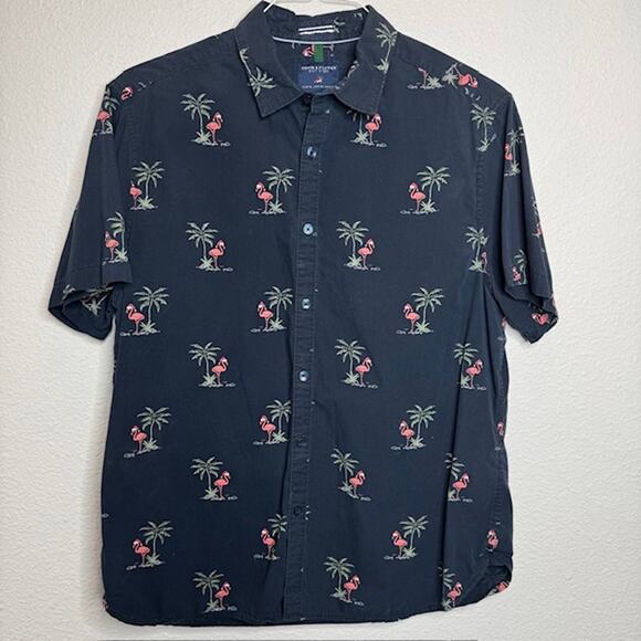 Denim & Flower X-Large Button-Up Flamingo Palm Tree Santa Shirt - Picture 1 of 8